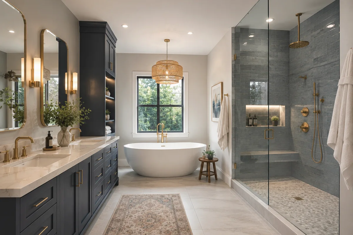 Finished Port Charlotte bathroom remodeling glass shower with coordinated professional finishes