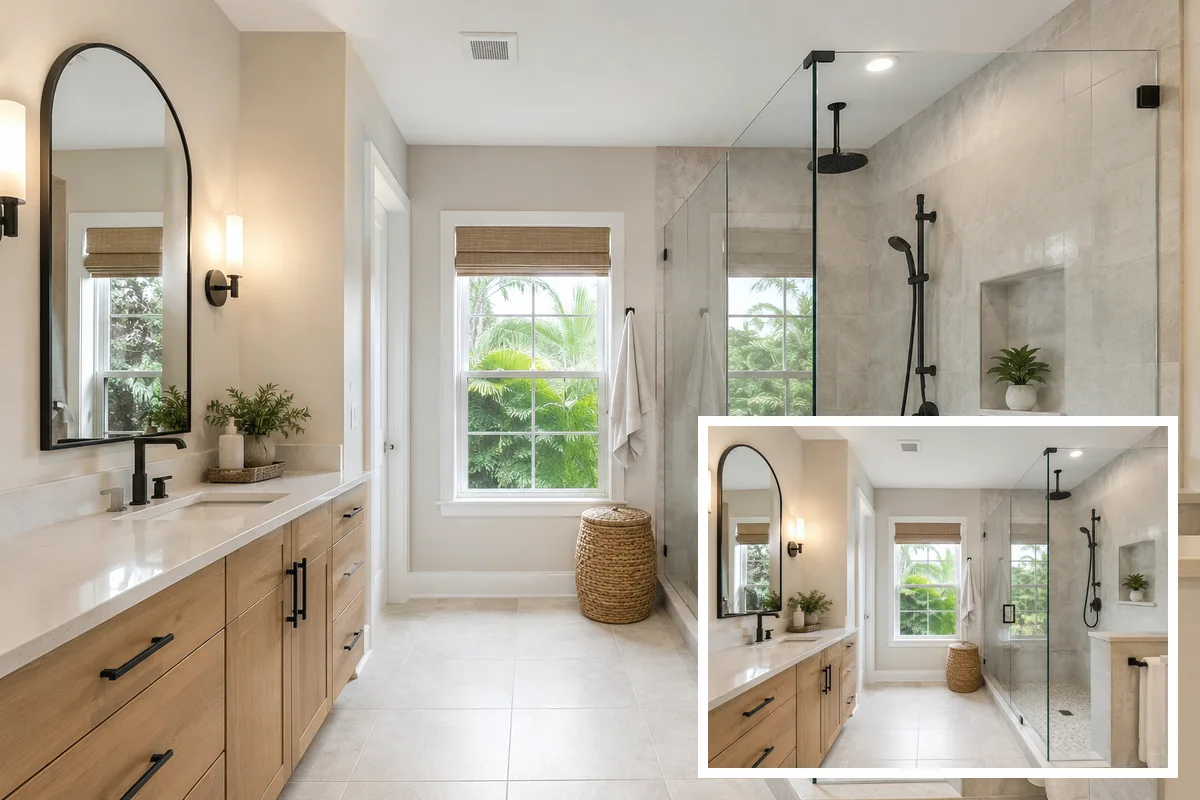 Finished Rotonda West bathroom remodeling vanity and storage with coordinated professional finishes