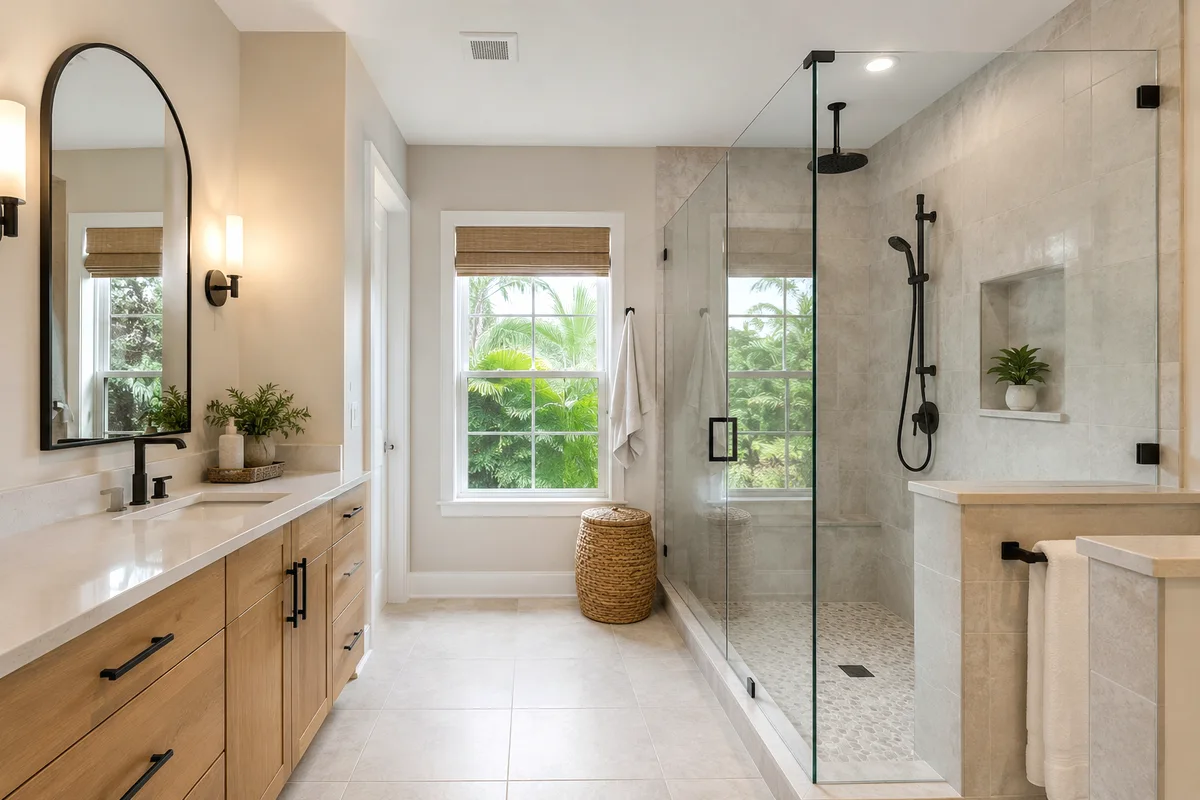Finished Sarasota and Charlotte Counties bathroom remodeling glass shower with coordinated professional finishes