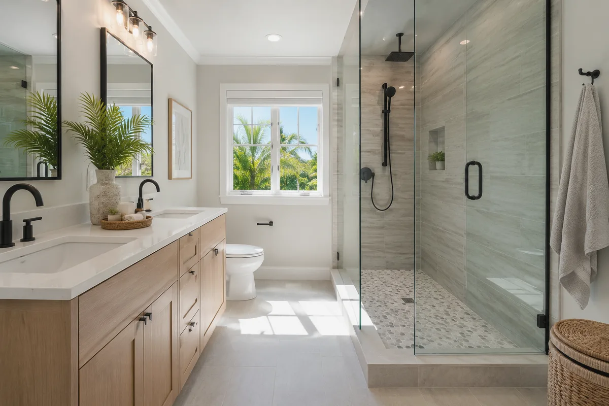 Finished Sarasota and Charlotte Counties bathroom remodeling tile and flooring with coordinated professional finishes