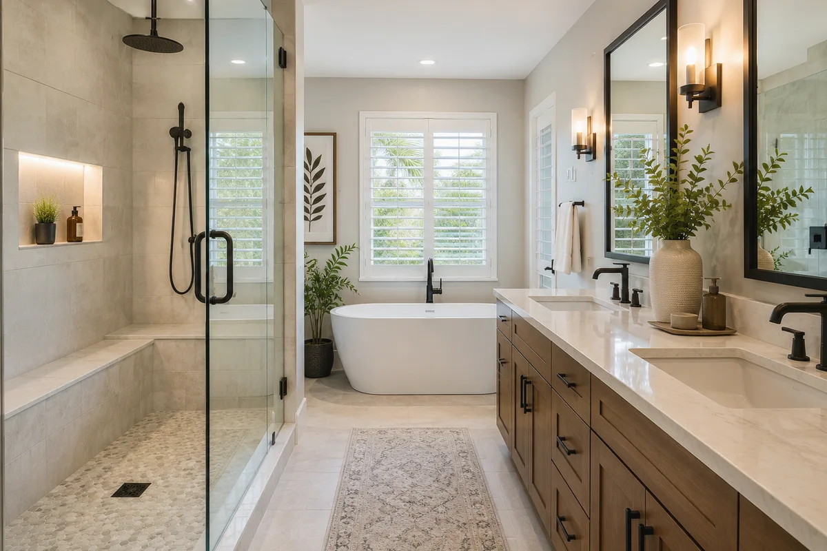 Finished Sarasota County bathroom remodeling glass shower with coordinated professional finishes
