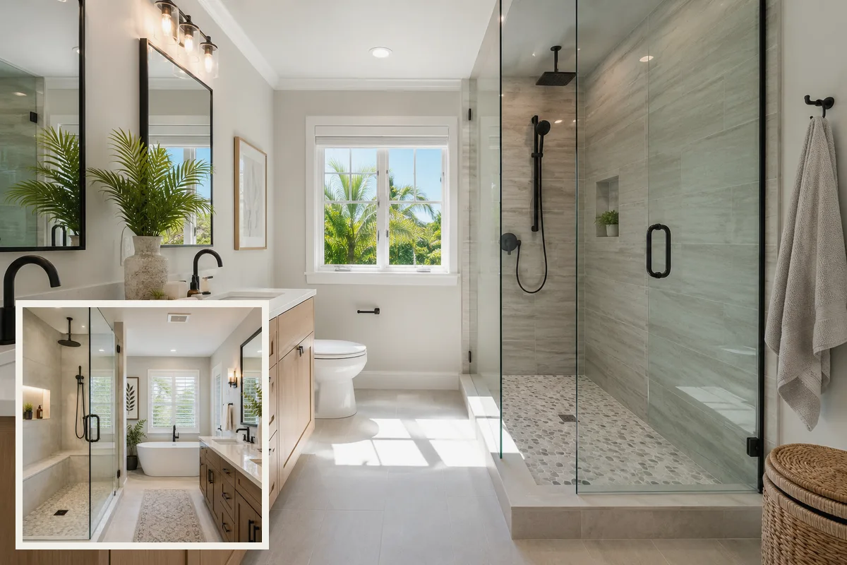 Finished Sarasota County bathroom remodeling vanity and storage with coordinated professional finishes