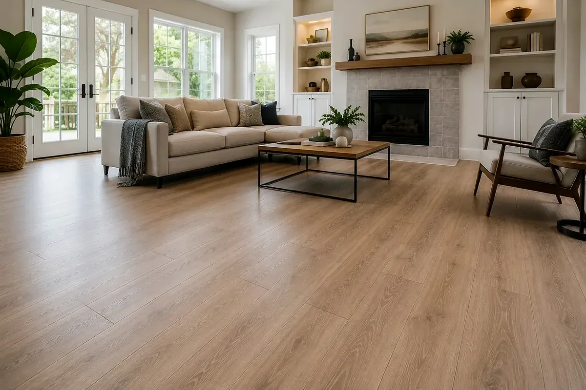 North Port finished flooring example: A warm living-room floor can connect family spaces while keeping the room easy to furnish.