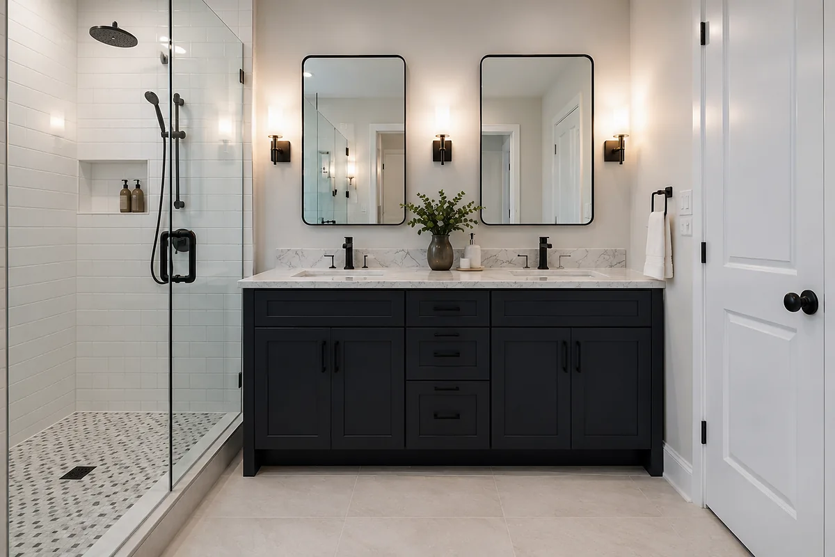 North Port finished flooring example: Bathroom floors should be finished at the doorway and tied into the surrounding remodel cleanly.