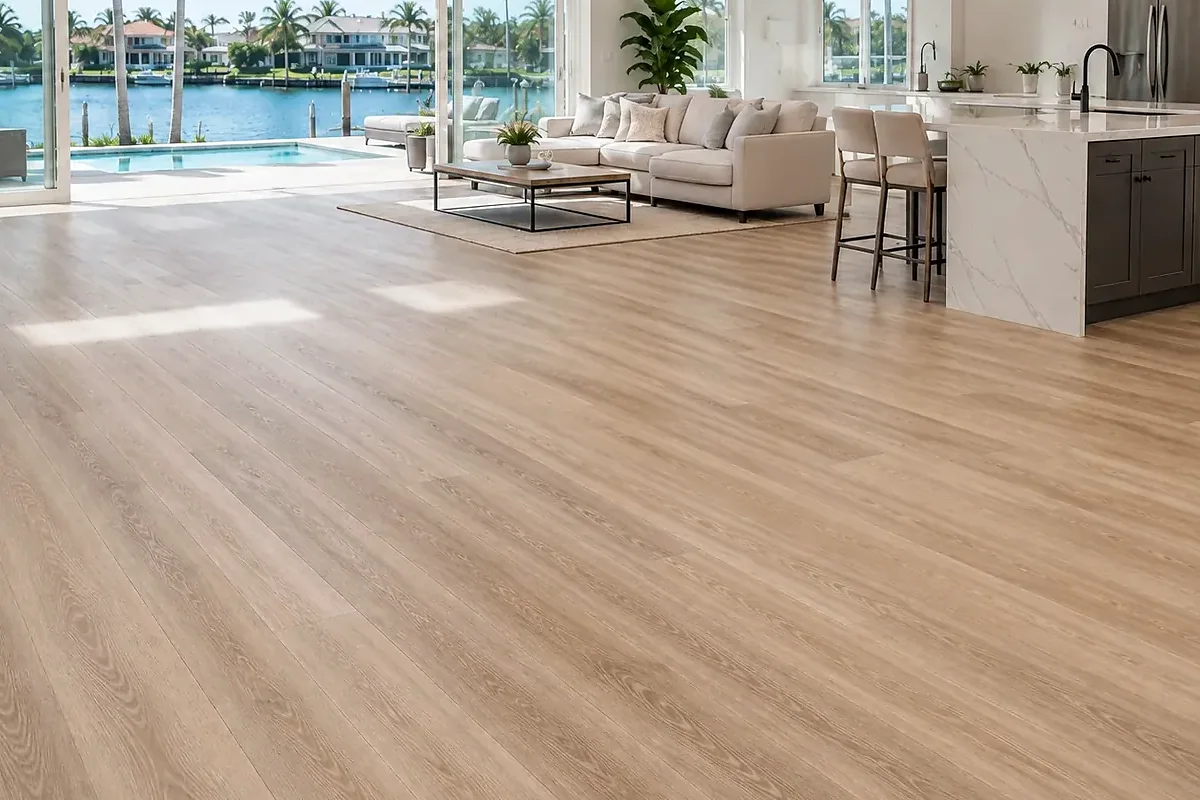 Port Charlotte finished flooring example: Open living areas benefit from a consistent floor and clean connections between rooms.