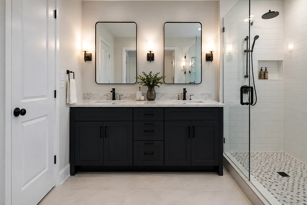 Port Charlotte finished flooring example: Bathroom floors are coordinated with thresholds, trim, fixtures and the surrounding remodel scope.