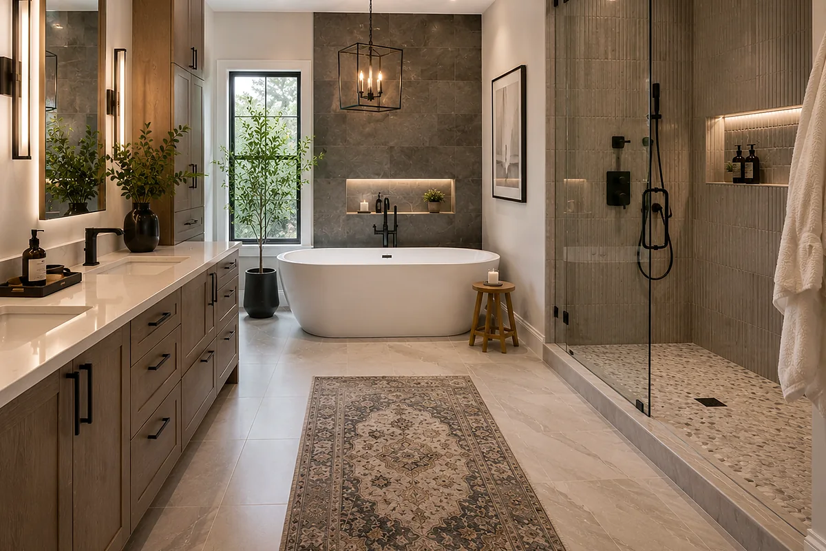 Punta Gorda finished flooring example: Bathroom floors are completed together with thresholds, trim and the surrounding room finish.