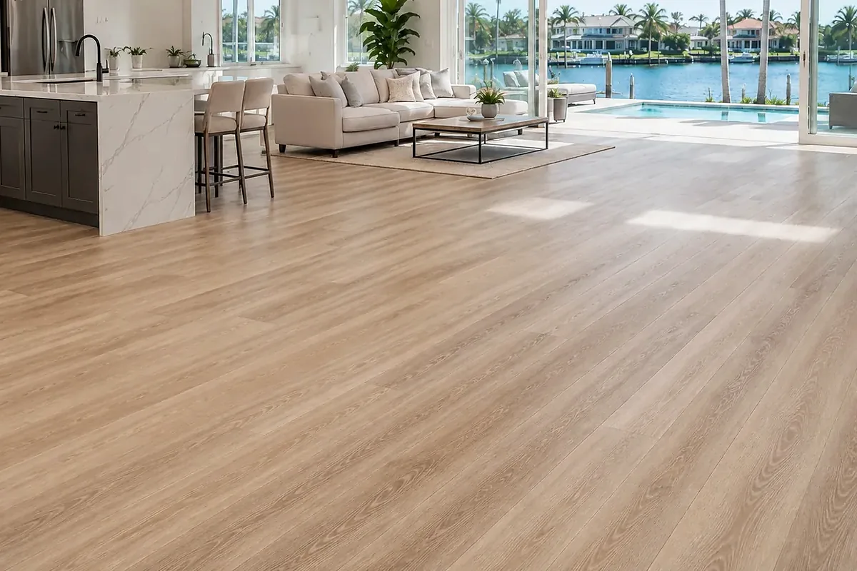 Punta Gorda finished flooring example: Open Punta Gorda living spaces look complete when the flooring flows through the room without visual breaks.