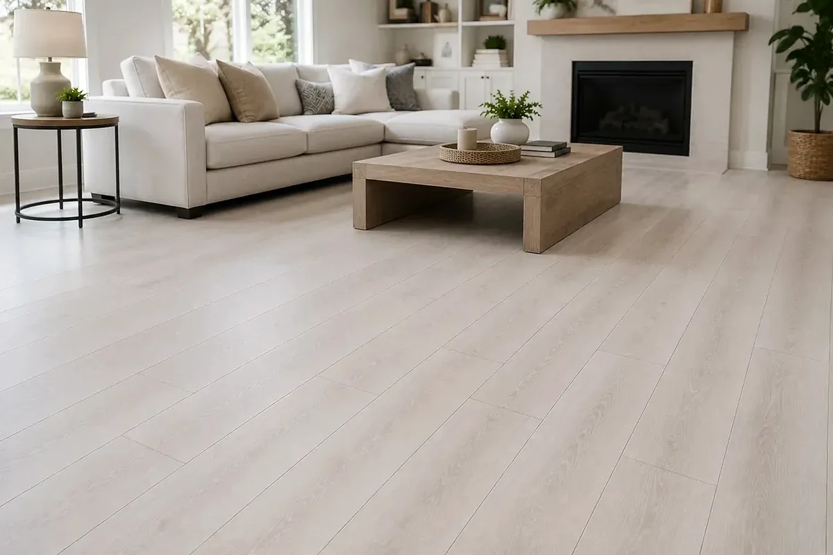 Sarasota finished flooring example: Light flooring can keep a Sarasota living room open and comfortable when edges and trim are clean.