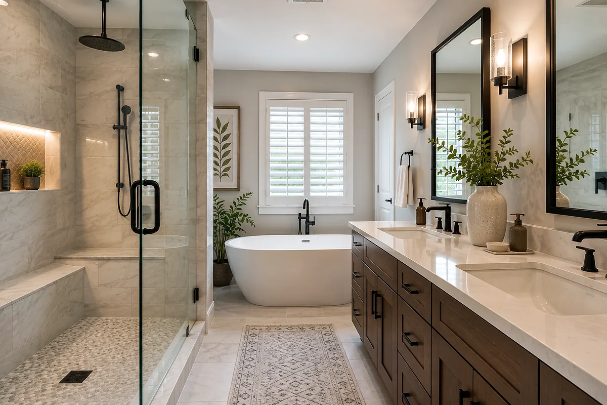 Sarasota finished flooring example: Bathroom flooring belongs to the full room finish, including thresholds and surrounding trim.