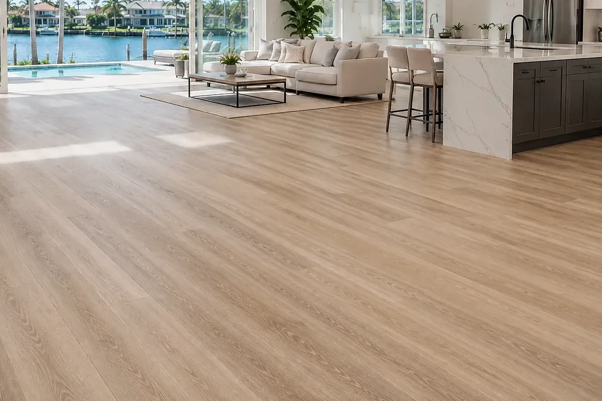 Sarasota finished flooring example: Open-plan homes depend on consistent room-to-room installation and a tidy final walkthrough.