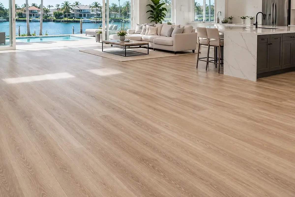 Southwest Florida finished flooring example: Open-plan homes look complete when the flooring, baseboards and adjoining spaces read as one interior.