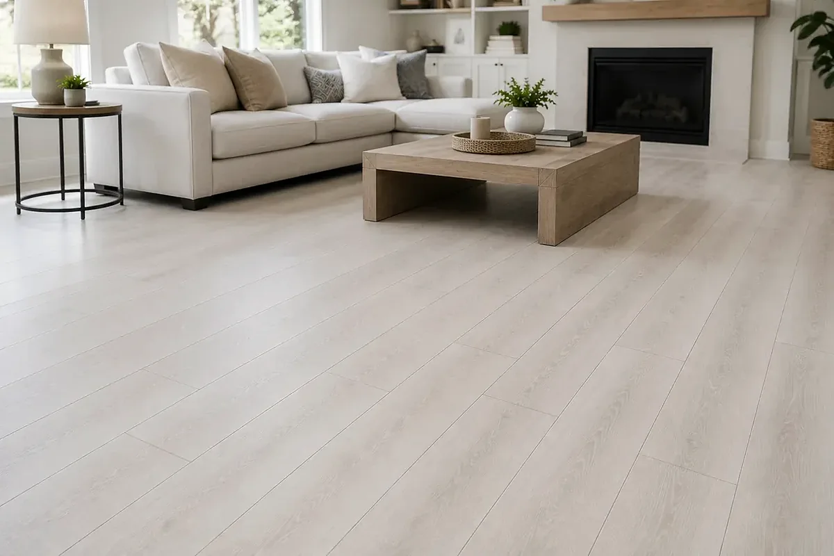 Southwest Florida finished flooring example: Light living-room floors keep attention on the completed space rather than on installation mechanics.