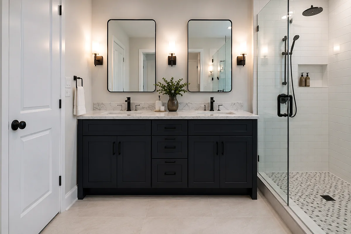 Southwest Florida finished flooring example: Bathroom floors belong to the full remodel finish, including thresholds and surrounding trim.