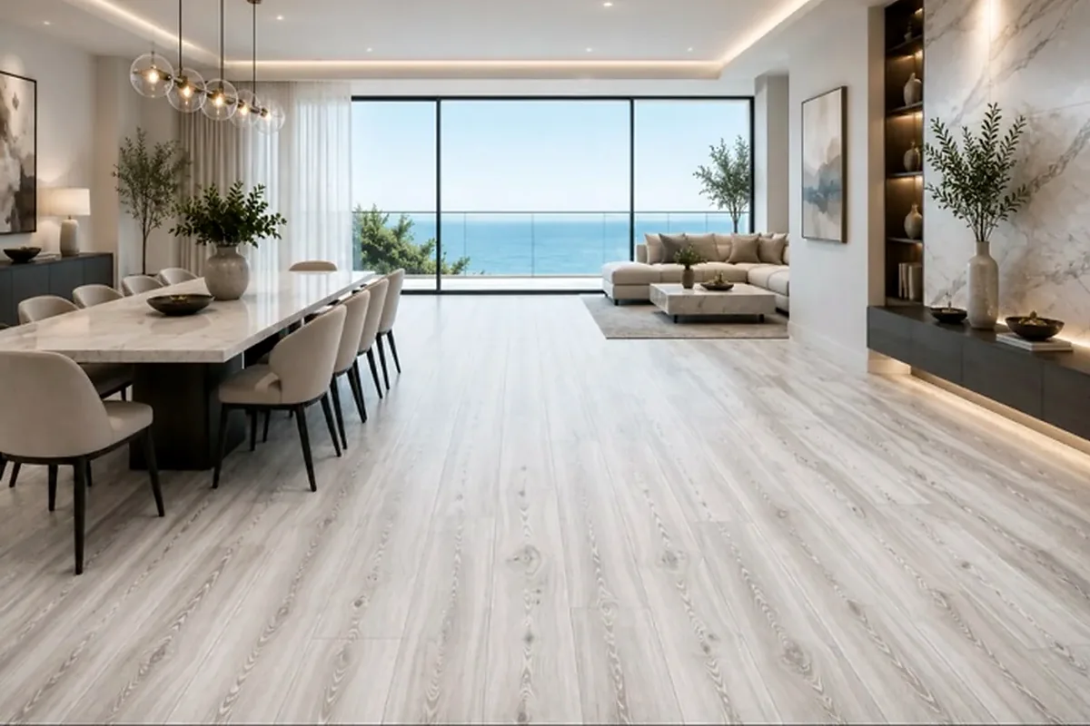 Venice finished flooring example: Coastal living areas look best when the floor carries smoothly through the open space.