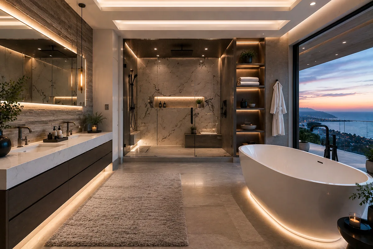 Venice finished flooring example: Bathroom flooring and thresholds should feel intentional within the completed remodel.