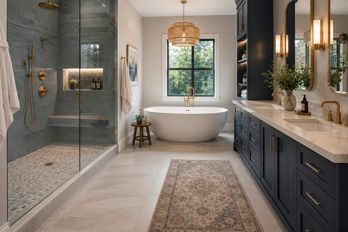 Venice finished flooring example: A finished bath floor is part of the entire room presentation, not an isolated surface.