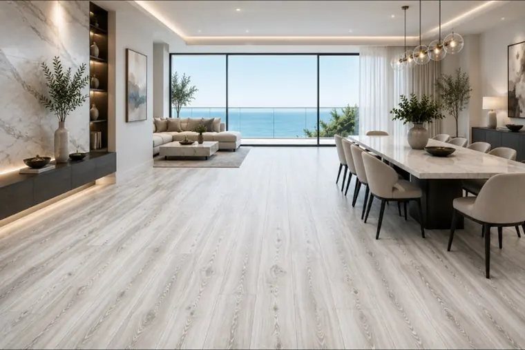 Light coastal flooring in an open-concept luxury interior