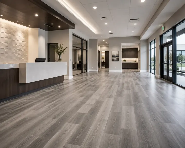 Durable wood-look flooring in a clean modern commercial interior