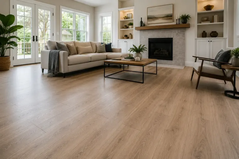 Finished warm wood-look flooring in a bright residential living space