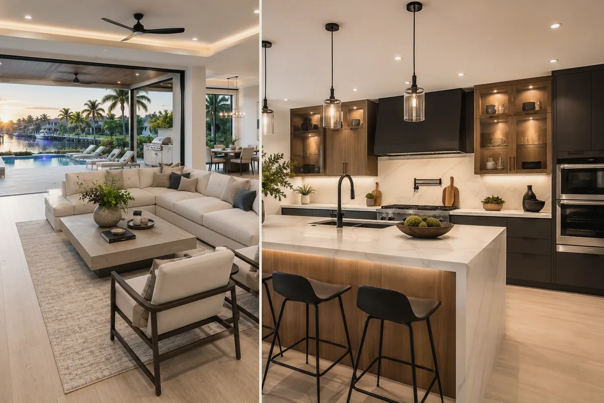 Finished kitchen remodeling in Charlotte County Florida with coordinated cabinets counters flooring and lighting