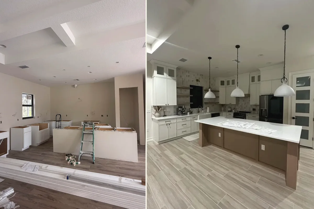 Finished kitchen remodeling in North Port Florida with coordinated cabinets counters flooring and lighting