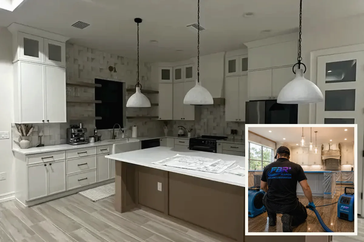 Finished kitchen remodeling in Punta Gorda Florida with coordinated cabinets counters flooring and lighting