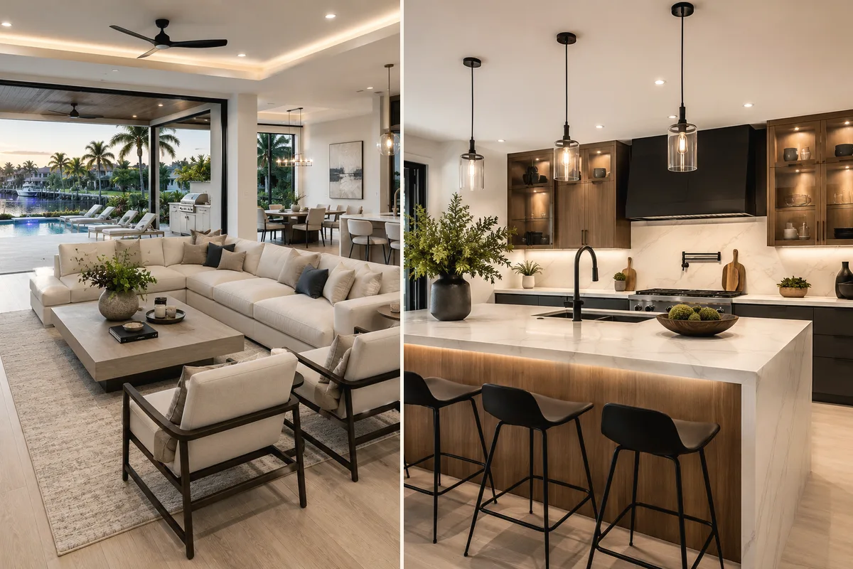 Finished kitchen remodeling in Sarasota Florida with coordinated cabinets counters flooring and lighting