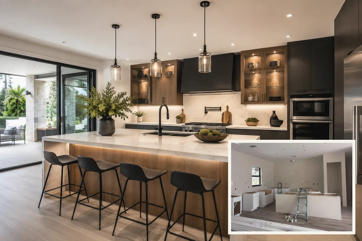 Finished kitchen remodeling in Venice Florida with coordinated cabinets counters flooring and lighting