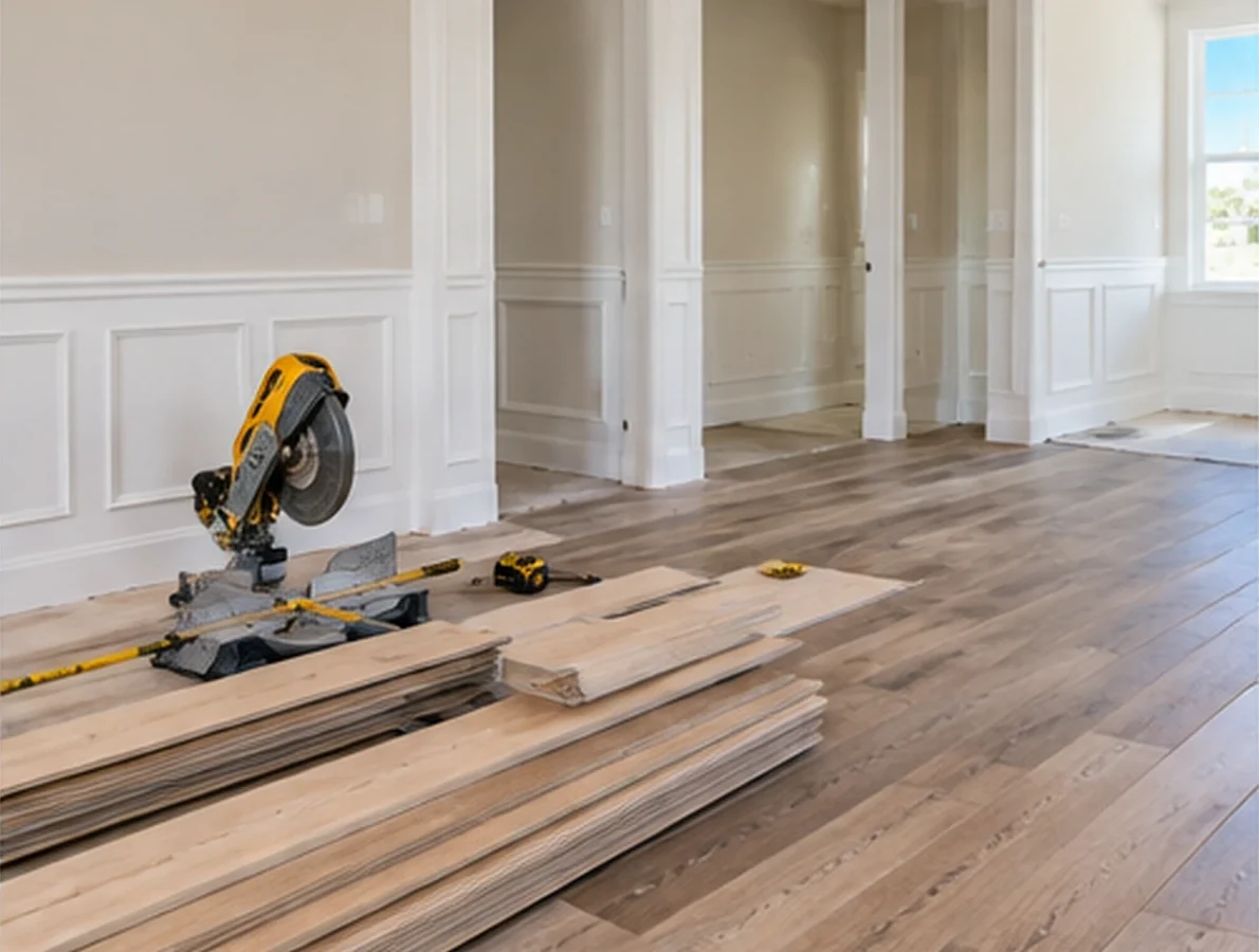 Illustrative flooring and trim preparation showing connected room transitions