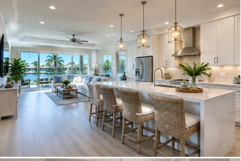Representative finished kitchen and living area for a Southwest Florida remodeling project