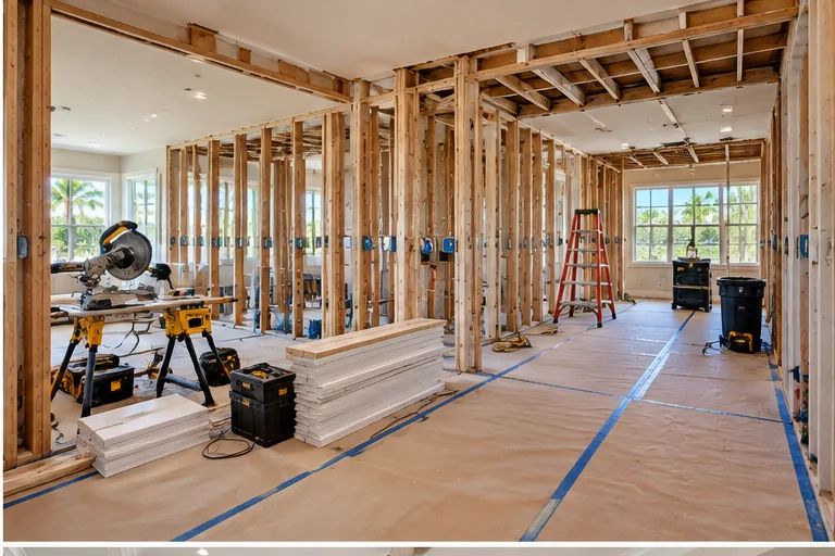 Representative framing and construction stage for a Southwest Florida remodeling project