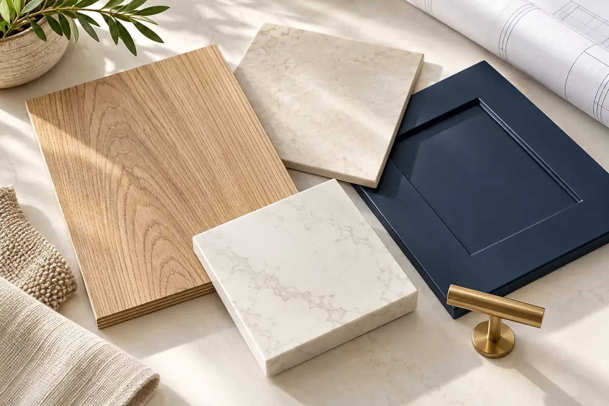Oak flooring, light tile, quartz, a navy cabinet sample and a brass fixture arranged for project planning