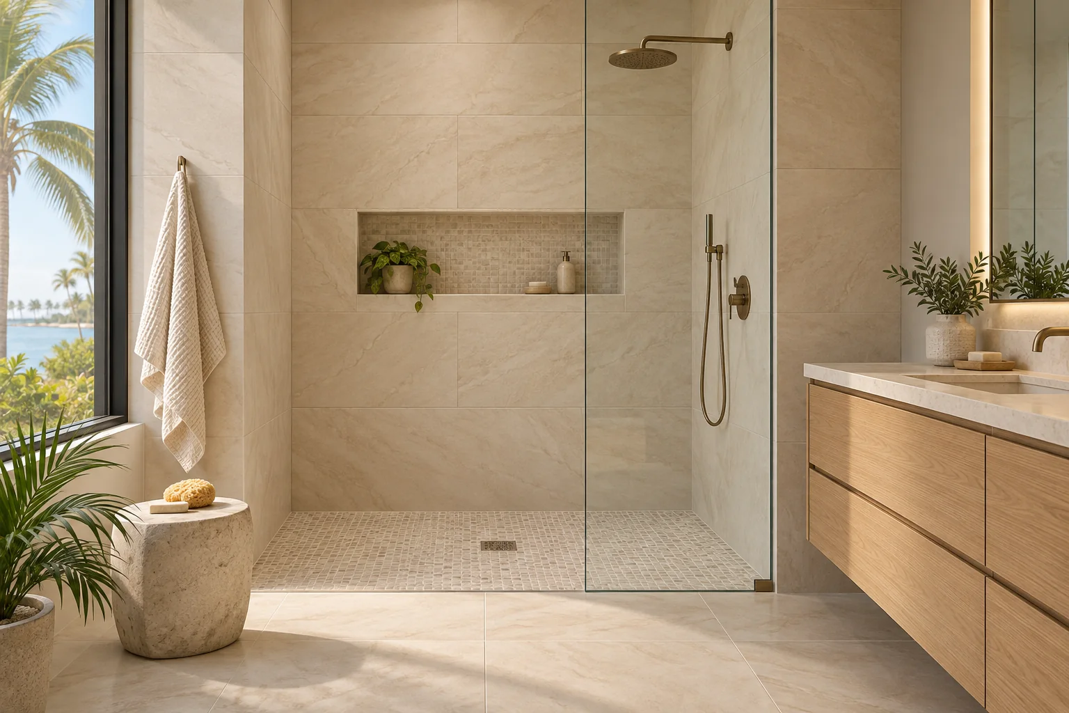 Tile shower design concept with light tile and coordinated finishes