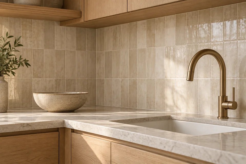 Kitchen design concept with warm ivory ceramic backsplash tile, light oak cabinetry and a brushed bronze faucet