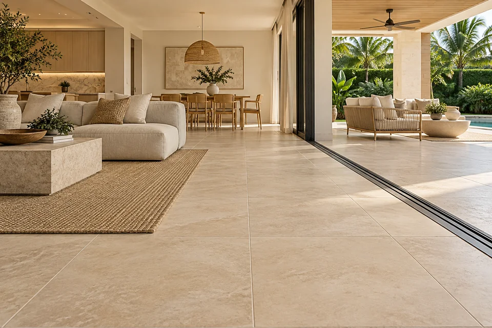 Living-area design concept with large limestone-look porcelain floor tiles, fine grout lines and a terrace threshold