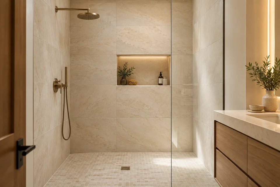 Shower design concept with limestone-look porcelain walls, a recessed niche, mosaic floor and brushed bronze fixtures