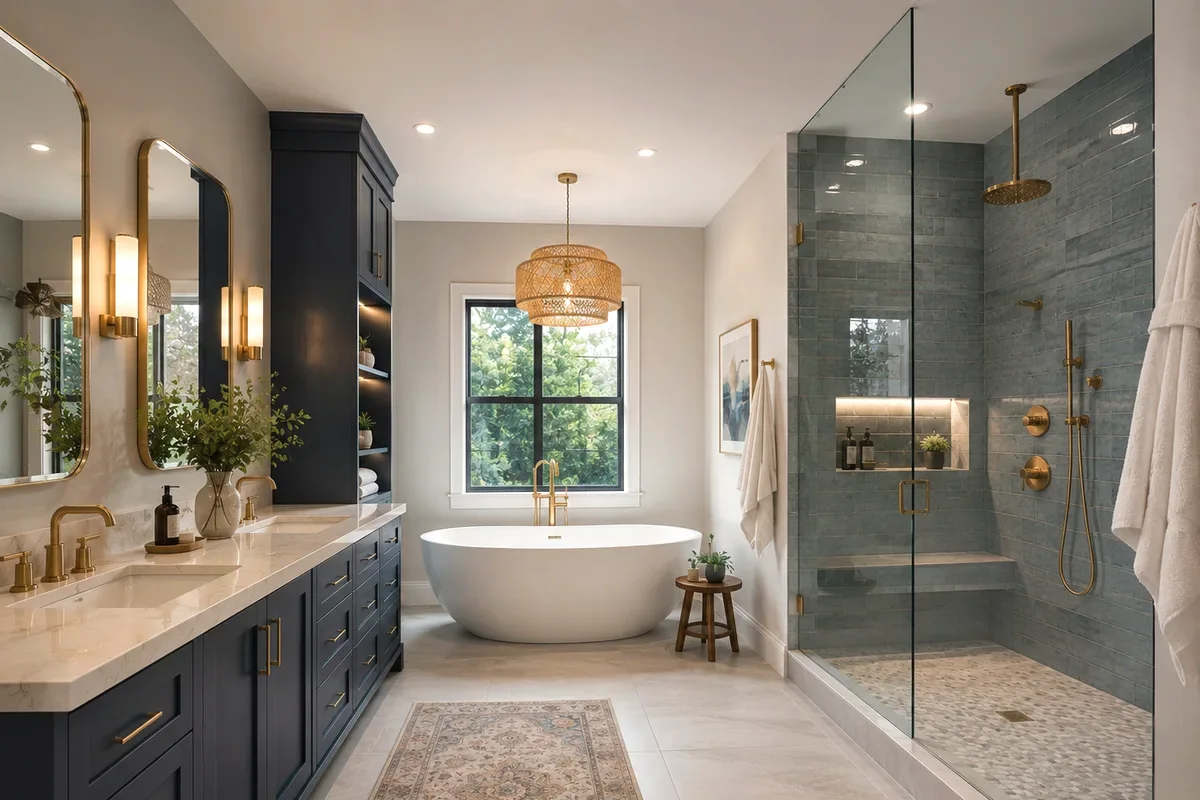 Dark blue primary bathroom with freestanding tub, brass fixtures and separate walk-in shower for Gulf Cove planning.