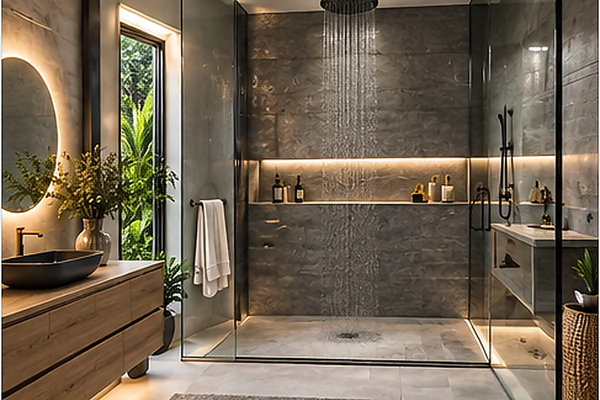 Dark stone shower-only bathroom with ceiling rain head and floating wood vanity for Gulf Cove planning.