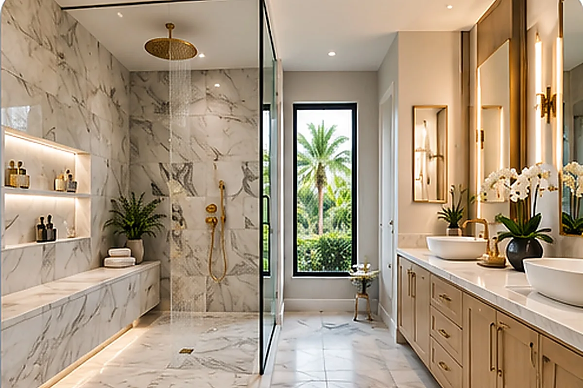 Luxury marble wet room with built-in bench, rain shower and warm oak vanity for Gulf Cove planning.