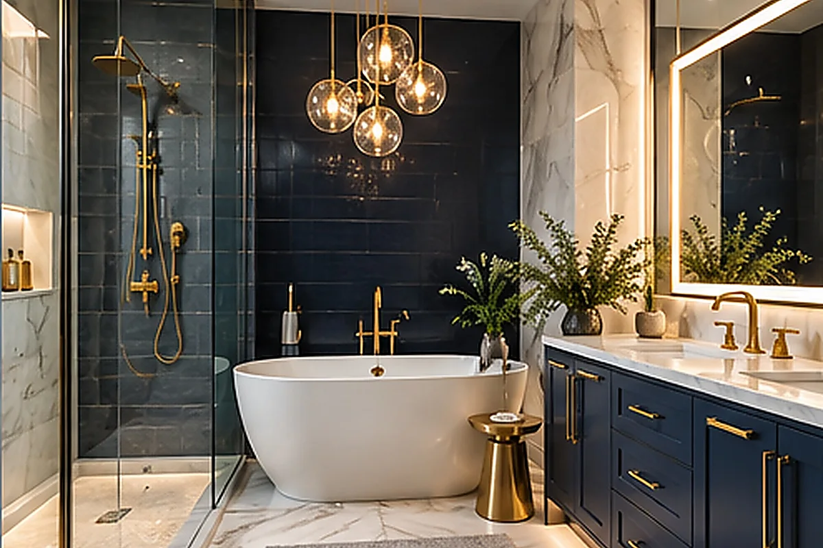 Luxury navy hotel-style bathroom with sculptural tub, separate shower and brass lighting for Gulf Cove planning.