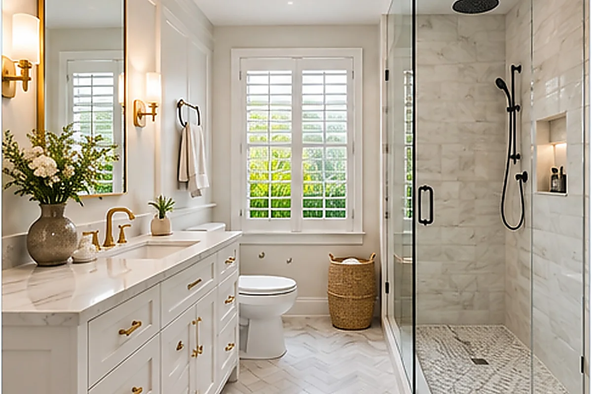 Compact full bathroom with white shaker vanity, gold fixtures, toilet and glass shower for Gulf Cove planning.