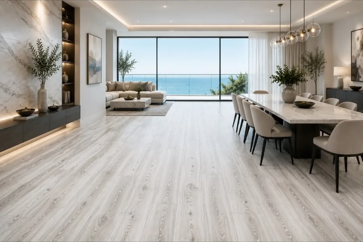 Sarasota finished dining and living space where the floor visually connects adjoining areas.
