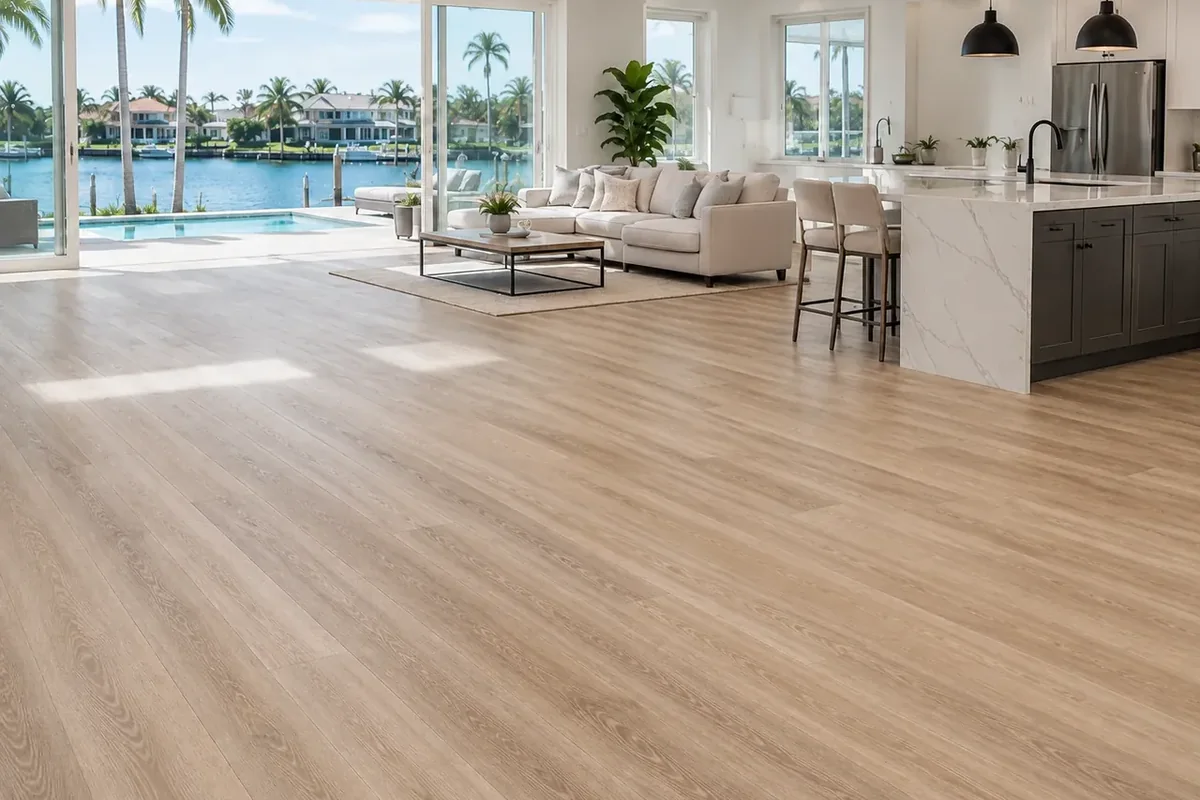 Sarasota finished open-concept space where flooring, transitions and surrounding finishes read as one room.