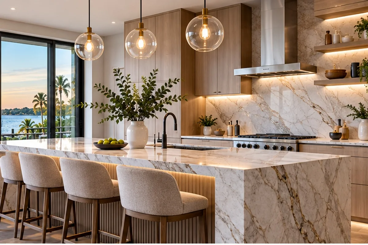 Finished kitchen remodeling in Venice Florida with coordinated cabinets counters flooring and lighting
