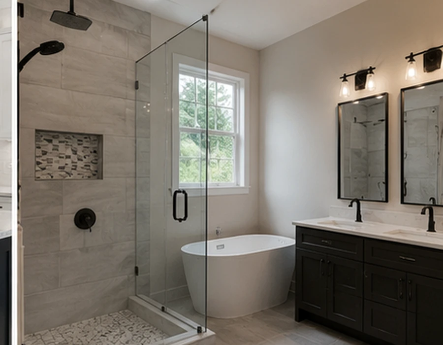 Modern bathroom remodeling with walk-in shower and freestanding tub