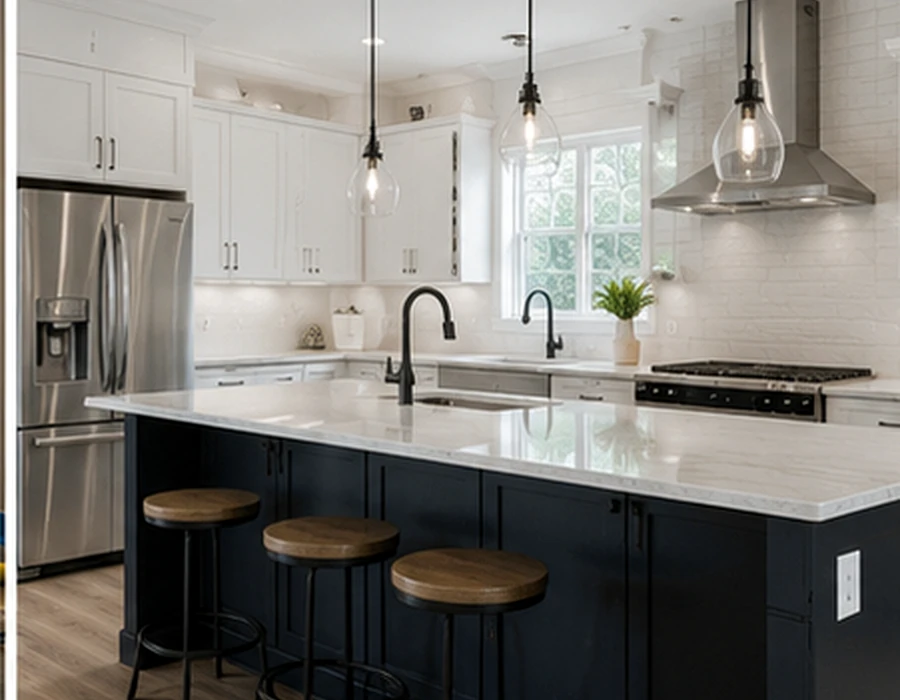 Modern kitchen remodeling with white cabinets and dark island
