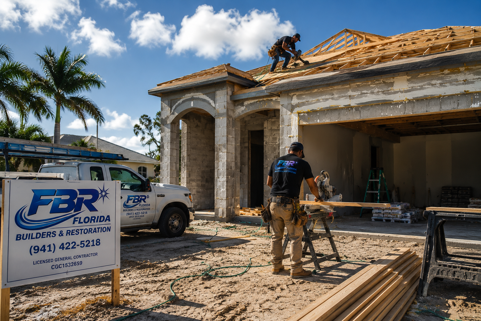 Florida concrete block new construction with wood roof trusses
