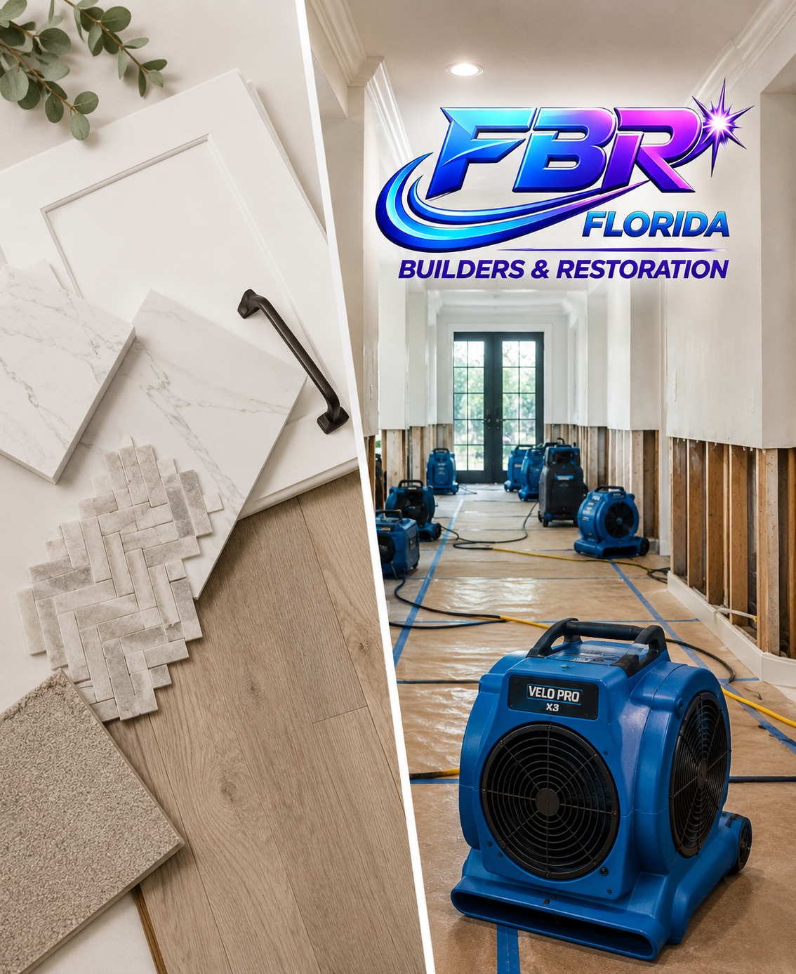Cabinet, tile and flooring selections with structural drying equipment for a restoration and remodeling project