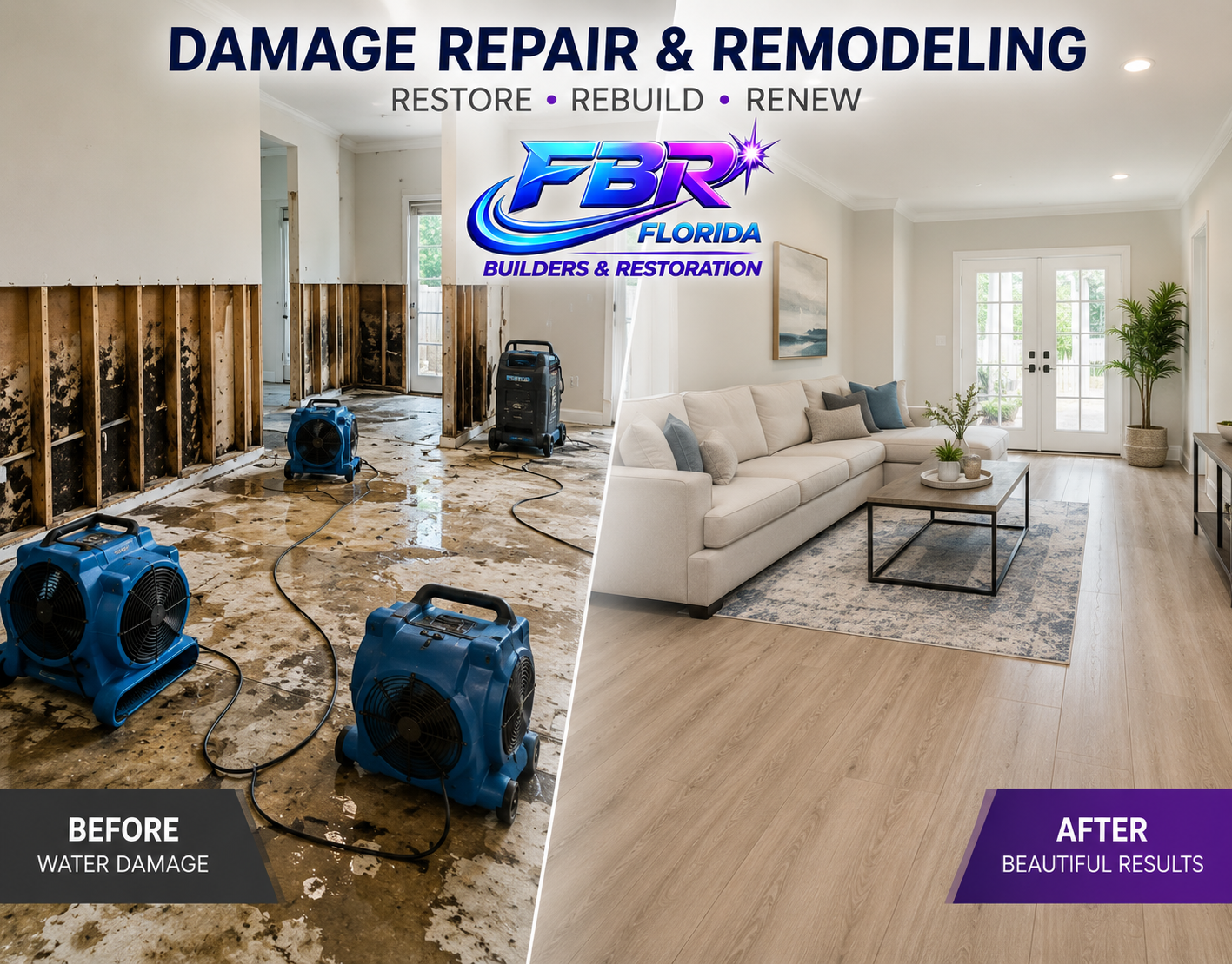 Before and after water damage restoration, repair and remodeling by Florida Builders and Restoration